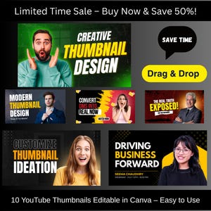 Pode incluir: Um gráfico promocional com o texto "Creative Thumbnail Design" e "Modern Thumbnail Design". Outros textos incluem "Converter DMS em Real Now", "A Verdadeira Verdade Exposta" e "Impulsionando os Negócios". O gráfico também diz "10 Miniaturas do YouTube Editáveis no Canva - Fácil de Usar."