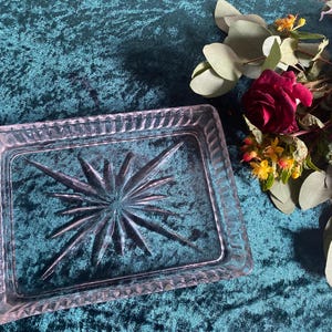 Vintage Pressed Glass Tray – Mid-Century Rectangular Dish with Starburst Design