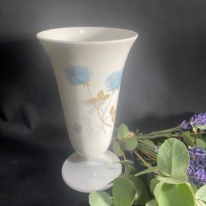 Wedgwood Ice Rose Bone China Vase | Made in England | 20cm Pedestal Vase with Blue Roses | Cottagecore Floral Décor