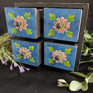 Hand-Painted Wooden Spice Drawers – 4 Drawer Chest – Blue Floral Folk Style – Solid Wood Storage  – Handmade in Asia – Late 1990s