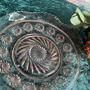 Blush Pink Pressed Glass Plate – Mid-Century Scalloped Cake Dish – Sunflower Motif
