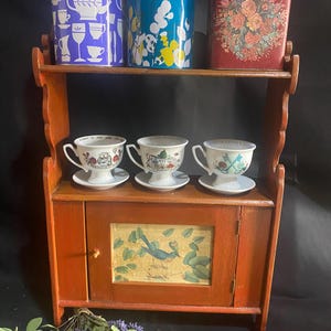 One of a kind, Wooden Spice Cabinet | Hand-Painted Bird Panel | Cottagecore Wall Shelf | Rustic Kitchen Storage