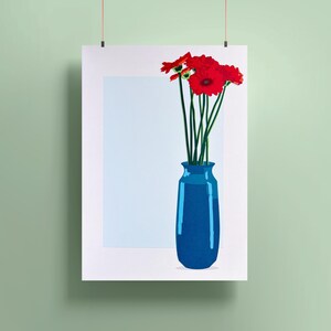 Bouquet di gerbere rosse in vaso blu scuro - Collage di carta fatto a mano
