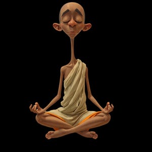 Puede incluir: Un hombre calvo de estilo de dibujos animados con cuello largo se sienta en una postura meditativa con los ojos cerrados. Lleva una túnica marrón claro con una faja naranja. El fondo es negro.