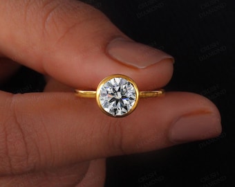 Bezel Set Moissanite Ring / 14k Yellow Gold Solitaire Ring / Round Brilliant Moissanite Engagement Ring / Modern Minimalist Promise Ring.