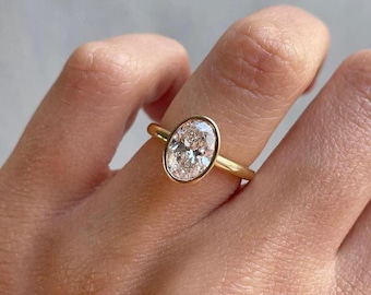Oval Cut Tulip Set Solitaire Moissanite Engagement Ring 14K Yellow Gold Bezel Set Wedding Anniversary Ring Promise Ring Gift For Her