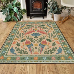 Avian-Inspired Rug for Home Decoration, Washable Floral Rug, Turkish Distressed Unique Design Large Area Rug, Rugs for Living Room Bedroom