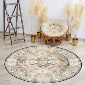 Runder Teppich im traditionellen Stil, waschbarer dekorativer runder Teppich im Antik-Look, türkischer, großflächiger Teppich, Teppich für Wohnzimmer