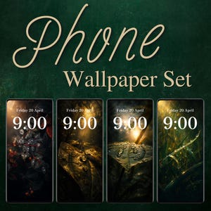 May include: A digital phone wallpaper set featuring four distinct vertical displays against a dark green background. Each screen shows the text "Phone Wallpaper Set" at the top, with "Friday 20 April" and "9:00" displayed over nature-themed imagery.