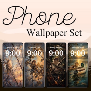 Könnte beinhalten: Ein Set aus Handy-Hintergrundbildern mit vier verschiedenen Naturmotiven. Jeder Bildschirm zeigt den Text Friday 20 April und 9:00. Die Bilder zeigen Vögel auf Ästen und Enten, die bei Sonnenuntergang auf einem See schwimmen.
