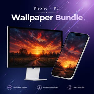 Könnte beinhalten: Ein digitales Hintergrundbild-Set mit einem Computermonitor und einem Smartphone, die eine Sonnenuntergangslandschaft mit orangefarbenen und violetten Wolken zeigen. Der Text lautet Phone + PC Wallpaper Bundle, 4K High Resolution, Instant Download, Matching Set.