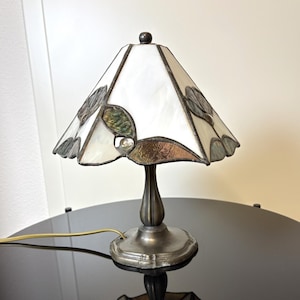 Handmade Stained Glass Table Lamp,Tiffany Style Small Accent Lamp,White and Amber Glass