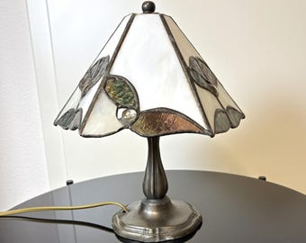 Handmade Stained Glass Table Lamp,Tiffany Style Small Accent Lamp,White and Amber Glass