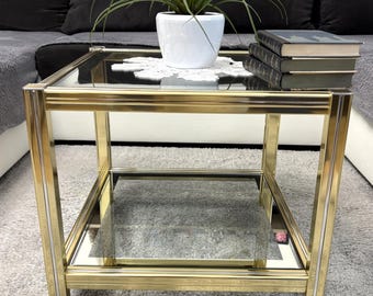 Vintage Romes Rega Brass & Glass Side Table 50x50x45 cm – Mid Century Modern End Table – Hollywood Regency Two Tier Coffee Table