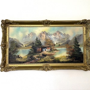 Vintage Hand Painted Alpine Landscape Painting, Signed Mountain Lake Chalet Art, Large 93x51 cm Ornate Gold Frame, European Wall Decor