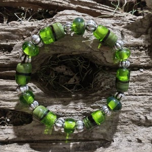 Transparent Green & Black with Fluted Silver Lampwork Bead Bracelet