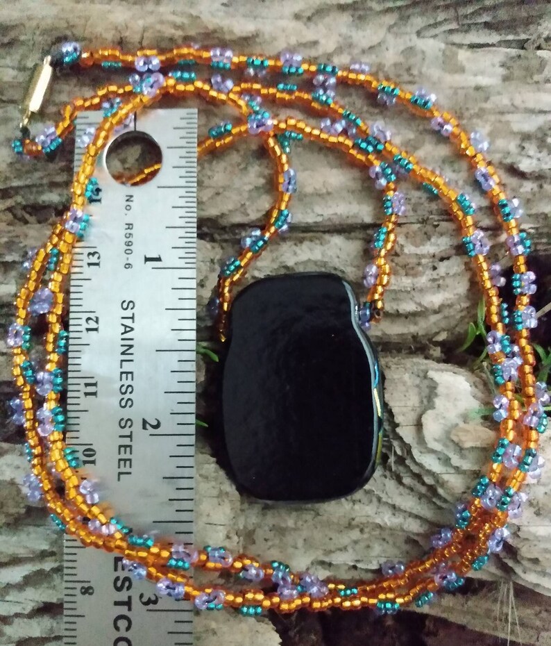 Golden Fused Pendant on Beaded Gold Lilac /& Teal Necklace