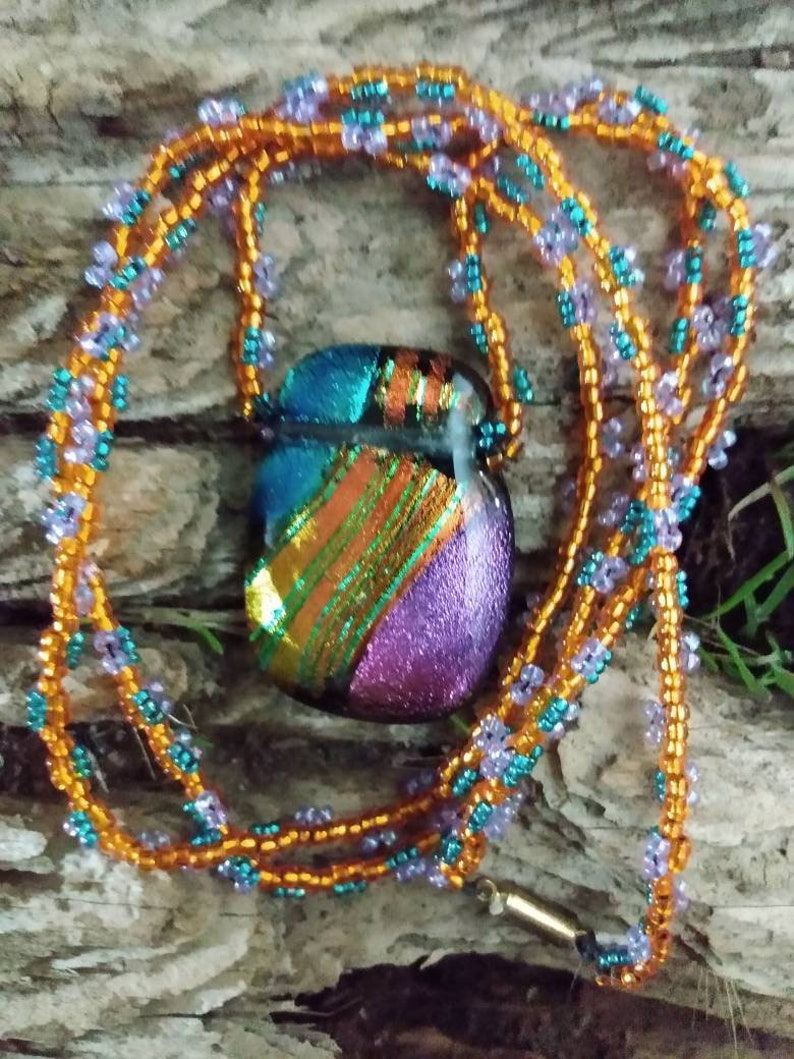 Golden Fused Pendant on Beaded Gold Lilac /& Teal Necklace