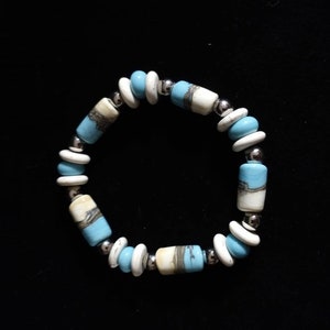 Organic Turquoise, Ivory Colored, Shell and silver spheres Lampwork Bead Bracelet.