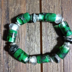 New Grass Green -  Barrel Lampwork Bead Bracelet with Transparent, Black & Silver Spacers Beads.