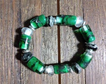 New Grass Green -  Barrel Lampwork Bead Bracelet with Transparent, Black & Silver Spacers Beads.