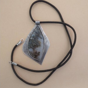 Special Leaf Shaped Stone Sculpture  Sterling Silver Pendant