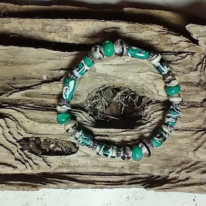 Petroleum Green, Black, Clear and Ivory Colored & Silver Lampwork Bead Bracelet.