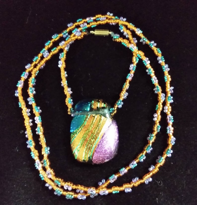 Golden Fused Pendant on Beaded Gold Lilac /& Teal Necklace