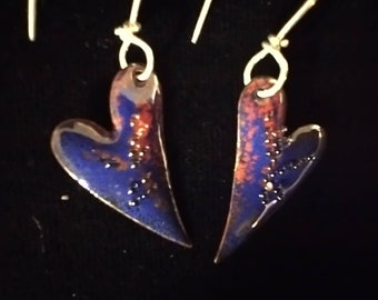 Royal Blue & Red Hearts Enamel Dangle Earrings.