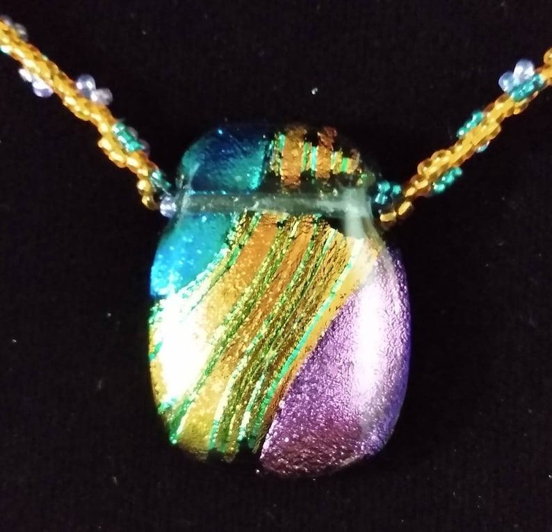 Golden Fused Pendant on Beaded Gold Lilac /& Teal Necklace