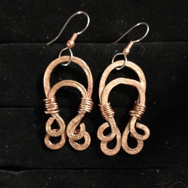 Handmade Pounded Copper Double Omega Dangle Earrings.