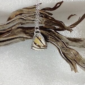 May include: A silver chain necklace with a pendant featuring a brown and white agate stone set in a silver frame.