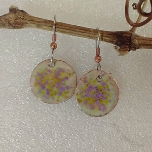Spring Has Sprung, Lite Green Enamel with sprinkles of color,Boho, Hipi, Artisan earrings, Mothers day gift,coloroful, enamel on Copper
