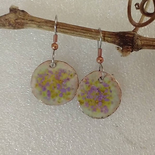 Spring Has Sprung, Lite Green Enamel with sprinkles of color,Boho, Hipi, Artisan earrings, Mothers day gift,coloroful, enamel on Copper