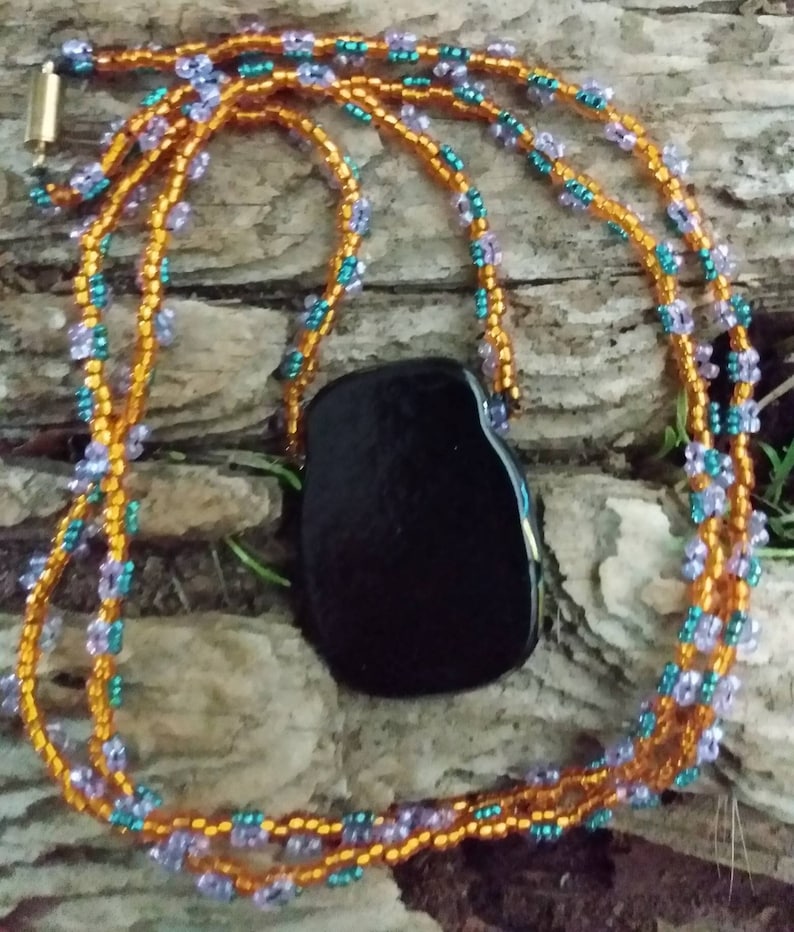 Golden Fused Pendant on Beaded Gold Lilac /& Teal Necklace