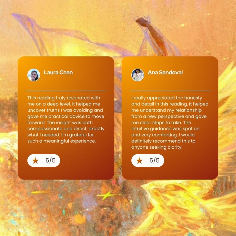 May include: Two orange-brown review cards with white text and profile pictures. The cards feature testimonials from Laura Chan and Ana Sandoval, each with a 5/5 star rating. The background has a golden, abstract design.
