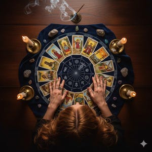 May include: A tarot card reading setup with a dark blue velvet cloth featuring a circular design and tarot cards. Lit candles in brass holders, crystals, and incense complete the mystical scene. The cards are arranged in a circle.