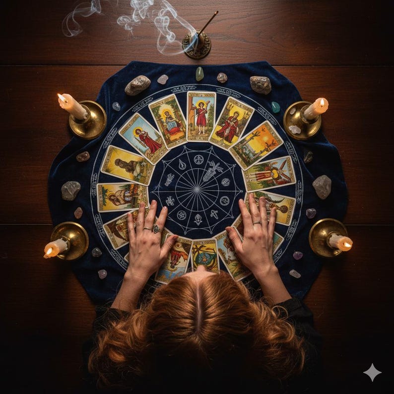 May include: A tarot card reading setup with a dark blue velvet cloth featuring a circular design and tarot cards. Lit candles in brass holders, crystals, and incense complete the mystical scene. The cards are arranged in a circle.