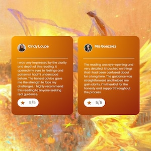 May include: Two orange testimonial cards with white text and profile pictures. The first card features Cindy Loupe's review, and the second card features Mia Gonzalez's review. Both cards have a 5/5 star rating.