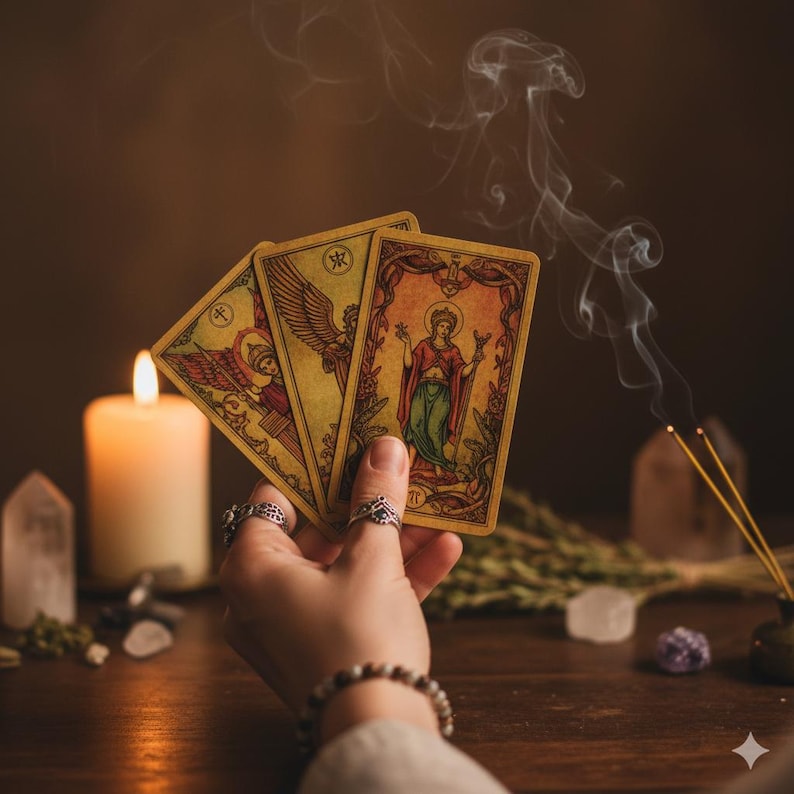 May include: Three tarot cards with detailed illustrations are held in a hand, with a lit candle and incense burning in the background. The cards feature images of angels and figures in robes. The scene is set on a wooden table with crystals and herbs.