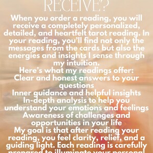 May include: Text on a beige background reads "WHAT WILL YOU RECEIVE?" followed by a description of a personalized tarot reading. The text highlights clear answers, inner guidance, and in-depth analysis for understanding emotions.