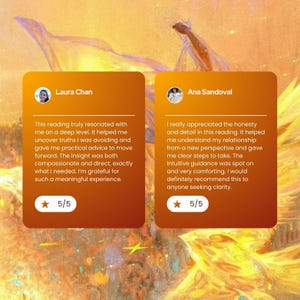 May include: Two orange-brown review cards with white text and profile pictures. The cards feature testimonials from Laura Chan and Ana Sandoval, each with a 5/5 star rating. The background has a golden, abstract design.