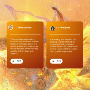 May include: Two orange-brown testimonial cards with white text and profile pictures. The cards feature customer reviews with 5/5 star ratings. One review mentions honest guidance and insight. The other review mentions insightful and deeply personal advice.