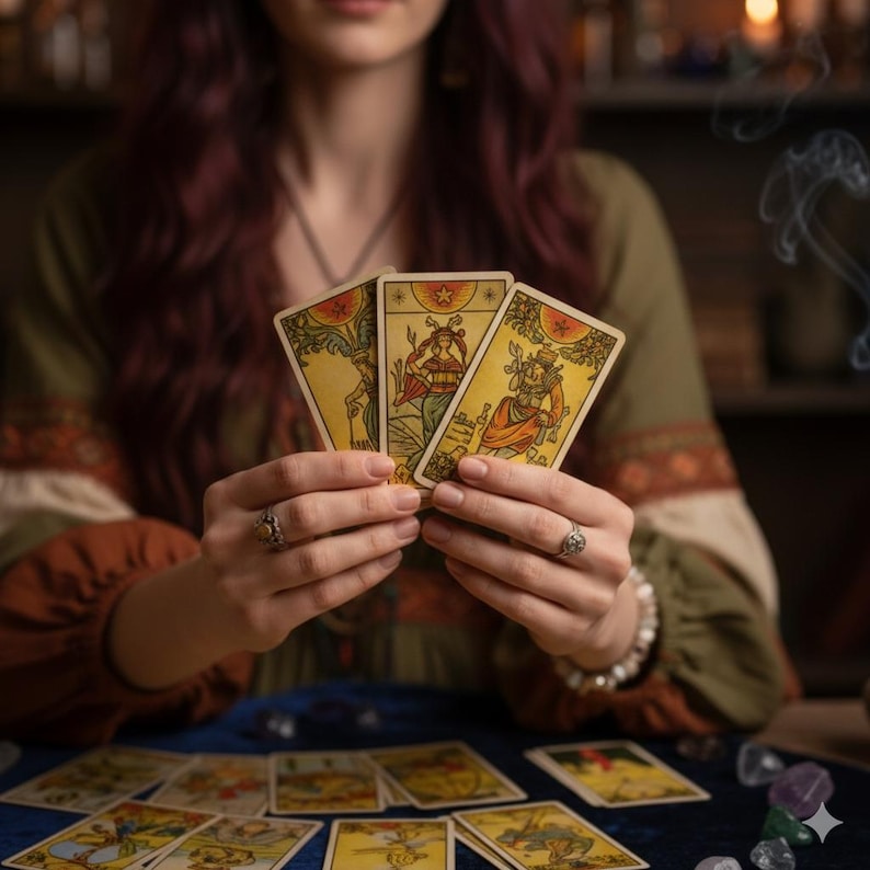 May include: Three tarot cards are held up, showcasing detailed illustrations in yellow, red, and green. The cards are held over a blue surface with other tarot cards. The scene evokes a mystical and spiritual theme.