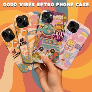 Good Vibes Retro Phone Case 70s Aesthetic – Peace Sign Hippie Boho Style – Inspire Quote Colorful Funky Art iPhone Samsung Cover