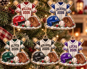 Personalized Baseball Christmas Ornament 2026, Custom Name Sports Acrylic Bauble, Baseball Player Gift, Jersey & Bats Tree Decor