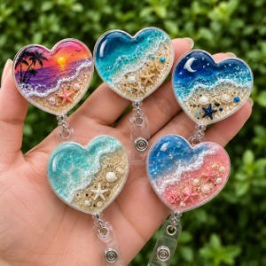 Ocean Beach Heart Badge Reel, Summer Sand Shell ID Holder, Coastal Nurse Retractable Lanyard, Tropical Wave Medical Clip, Sea Lover Gift