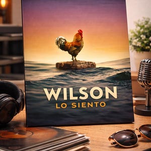 Puede incluir: Una portada de libro con un gallo sobre una roca en el mar con un cielo de atardecer. El título "WILSON" y la frase "LO SIENTO" están en dorado. Otros elementos en una mesa de madera incluyen auriculares, gafas de sol y un micrófono.