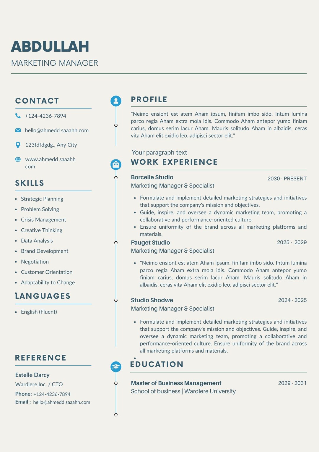 Modern Marketing Manager Resume Template: Editable CV Design (word ...