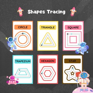 Op de afbeelding: Educatieve flashcards voor het traceren van vormen, met cirkel, driehoek, vierkant, trapezium, zeshoek en ster. Elke kaart heeft een gestippelde omtrek om te traceren, met de naam van de vorm. Astronauten en raketten versieren de achtergrond.